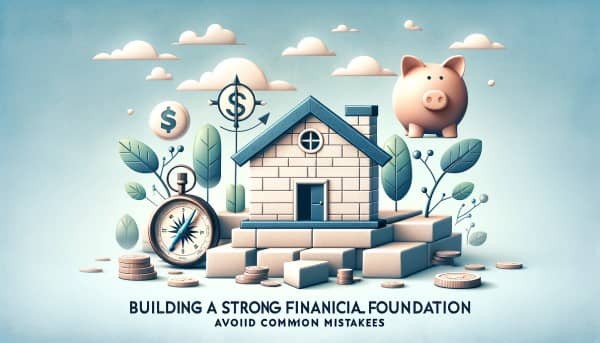 Blog header image depicting financial stability, guidance, and savings, with title 'Building a Strong Financial Foundation: Avoid Common Mistakes'.