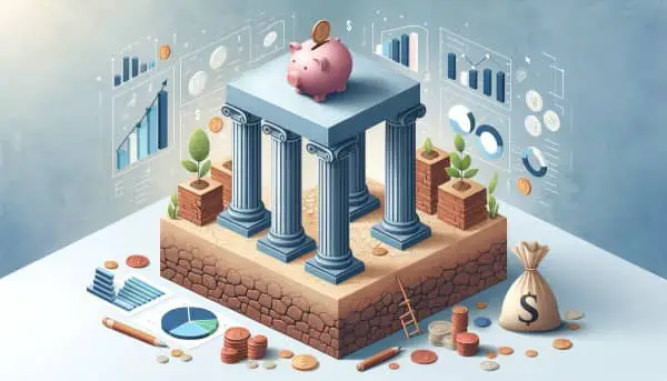 Illustrative header image depicting pillars, a solid foundation, and financial symbols like currency and graphs, symbolizing the key elements of building a strong financial foundation in personal finance.