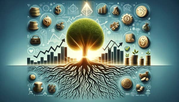 Illustration for 'Mastering Financial Resilience: Key Strategies for Every Investor' featuring a robust tree with deep roots, rising financial graphs, and symbols representing diverse investments such as stocks, bonds, and real estate, symbolizing growth, stability, and resilience in finance.