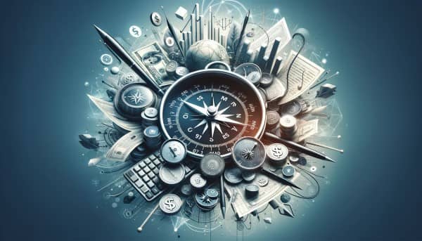 A vibrant header image featuring a compass and roadmap interwoven with financial symbols like currency, graphs, and calculators, symbolizing the journey of financial planning and growth in entrepreneurship.