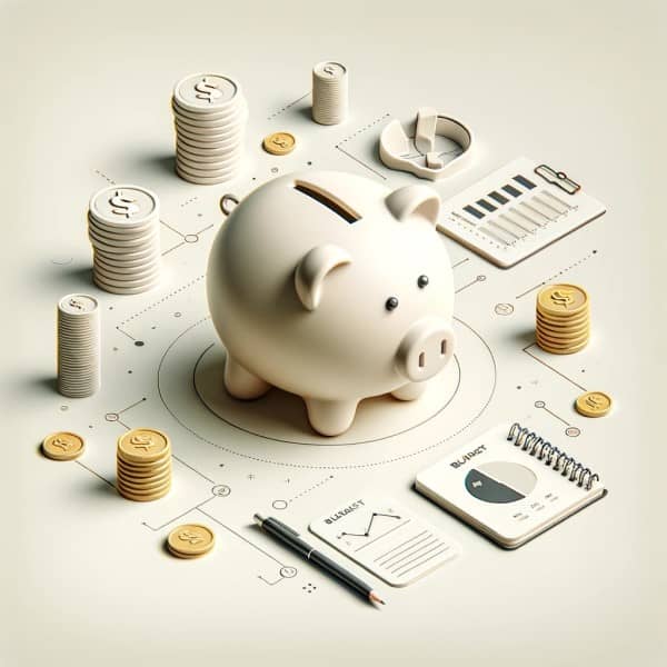 A modern image of a piggy bank surrounded by financial items. 
