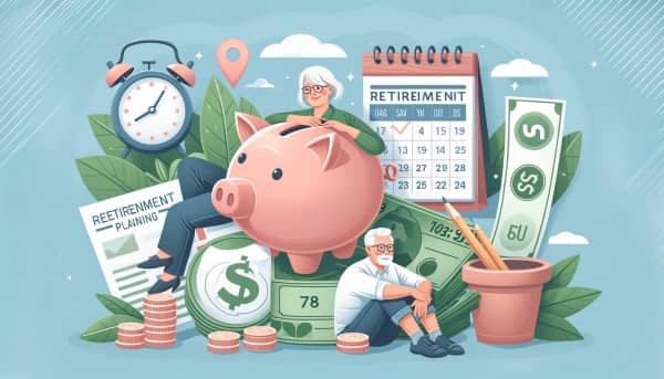 A retirement savings piggy bank, calendar with a circled retirement date, and a relaxed senior couple enjoying retirement, symbolizing financial security and joy in retirement.