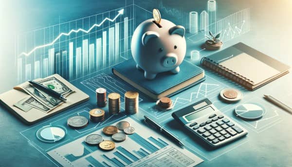 Conceptual image of financial independence and personal finance featuring a piggy bank, growth graph, budget notebook, and calculator in a modern setting.