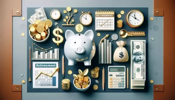A professional and engaging image showcasing symbols of retirement planning, including a piggy bank, calendar, retirement nest egg, financial graphs, calculators, and currency, representing the journey towards a financially secure retirement.