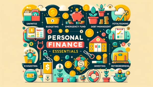 Infographic showing key elements of personal finance: Budgeting, Emergency Fund, Debt Management, Investing, and Retirement Planning, each with a representative icon.