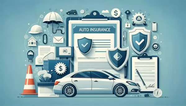 Modern and informative header image showing a car, insurance documents, a safety helmet, and a shield, symbolizing comprehensive auto insurance coverage.