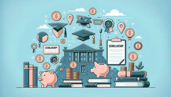 Illustration featuring essential college finance symbols: graduation cap, piggy bank, coins, scholarship medals, and loan documents, with a subtle academic background.