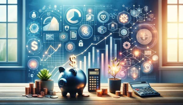 A visually engaging image depicting financial planning tools such as graphs, a calculator, currency symbols, and a piggy bank, representing the essentials of personal finance education.