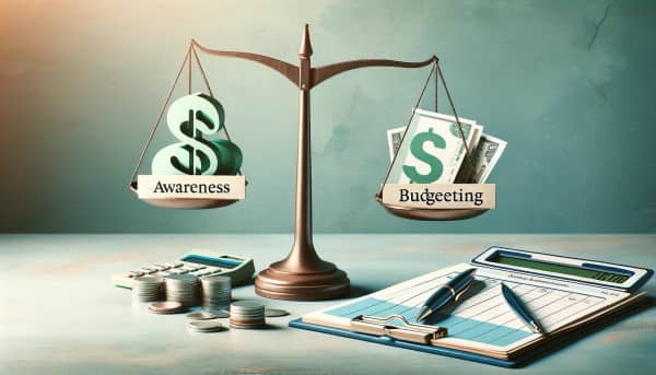 Illustration of a balanced scale with money on one side and a budget planner on the other, symbolizing Awareness Budgeting™