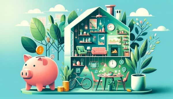 A vibrant image featuring a piggy bank with coins, a green plant, a cozy home interior, a gourmet meal, and a bicycle, symbolizing the balance between saving money and enjoying a quality lifestyle.