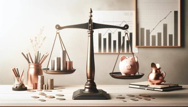 Balanced scale with coins on one side and a piggy bank on the other, symbolizing smart budgeting for long-term savings against a backdrop of financial charts.