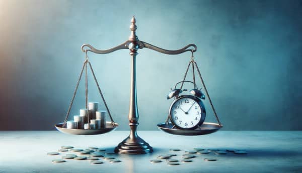 A scale balancing coins and a clock, symbolizing the balance of savings and time efficiency in financial planning.