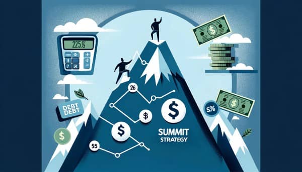 A climber ascending a mountain path with symbols of dollar signs and interest rates, representing overcoming high-interest debt through the Summit Strategy.