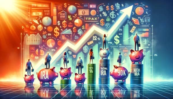 Illustration of diverse individuals on rising arrows over piggy banks labeled Traditional IRA, Roth IRA, and 401(k), symbolizing growth through tax strategies.