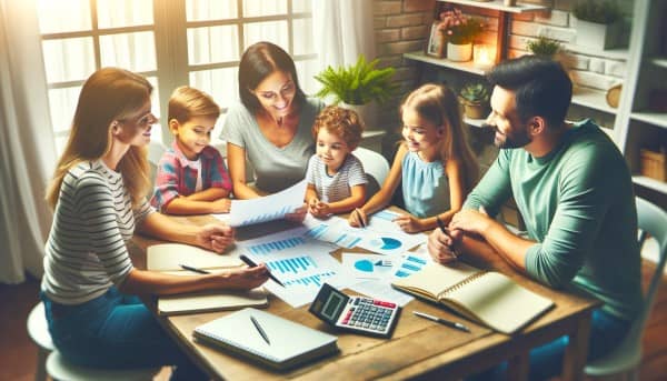 Family of four engaged in budget planning around a table with financial documents, a laptop, and a calculator, in a cozy home setting.