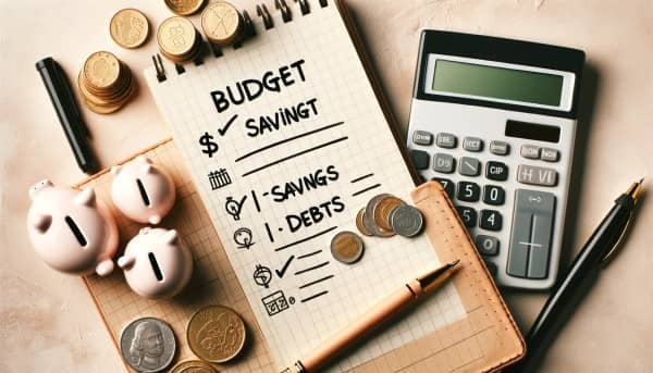 Image depicting elements of personal finance including coins, piggy bank, calculator, and a notepad with words 'budget', 'savings', 'debts', and 'Plains Strategy™