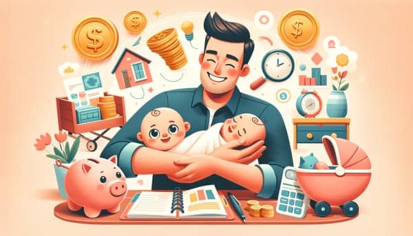 Happy father holding a newborn baby with financial planning elements like a piggy bank, budget planner, and baby items in the background.