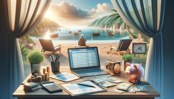 A tranquil beach setting with elements of retirement planning, including a laptop with a budget spreadsheet, a piggy bank, and a calendar, symbolizing a harmonious blend of relaxation and financial security in retirement.