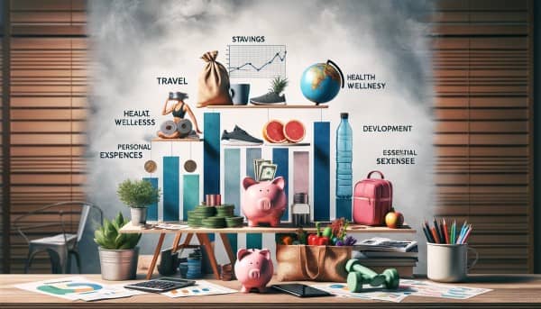 A creatively arranged desk showcasing elements of Lifestyle Budgeting™, including a piggy bank representing savings, a small globe for travel, yoga equipment for health and wellness, books for personal development, and essential items like a grocery bag and utility bill.