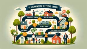 Infographic depicting the financial planning journey through different life stages, including career start, home purchase, family planning, education funding, and retirement planning, illustrated with icons and imagery like a graduation cap, house, family, and nest egg.
