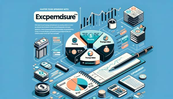 Infographic for 'Master Your Spending with Expenditure Tracker™', featuring pie charts, trend graphs, and budgeting tools.