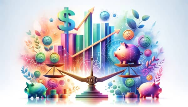 Abstract representation of financial growth and stability, featuring ascending graphs, piggy banks, and currency symbols, symbolizing the Scaling Budget™ strategy.
