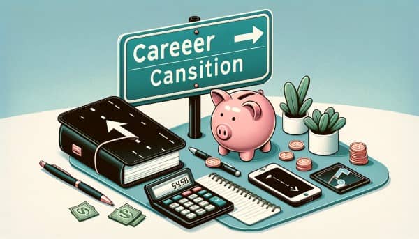 Illustration of financial planning tools including a piggy bank, road sign indicating career paths, a budgeting notebook, and a calculator on a professional background.