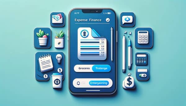 A mobile-friendly visual featuring a smartphone with an expense tracking app, a small notepad, a miniature calculator, and spending category icons.