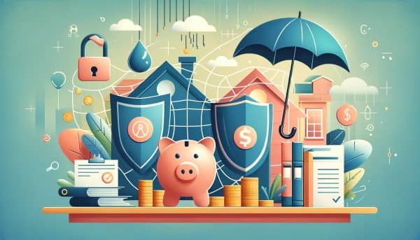 A modern and professional image depicting a safety net, piggy bank, and icons representing life, health, and property insurance, symbolizing the importance of insurance in financial stability.