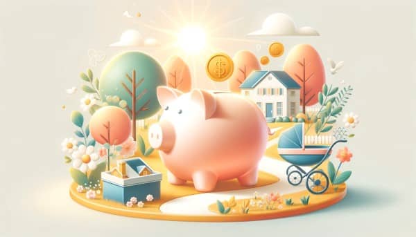 An inviting and optimistic header image featuring a piggy bank, baby stroller, and a family home set in a serene environment, symbolizing financial security for new families.
