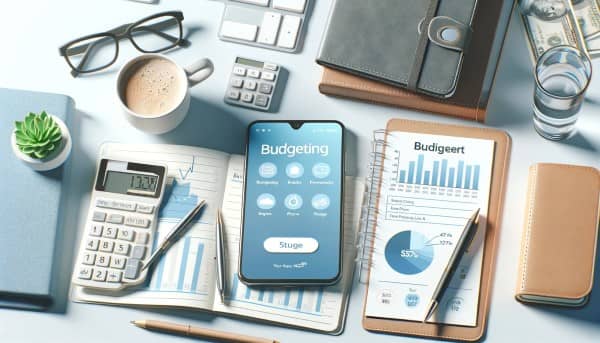 A bright and organized workspace featuring a smartphone with a budgeting app, a notepad with financial plans, a calculator, and financial charts, symbolizing efficient personal finance management.