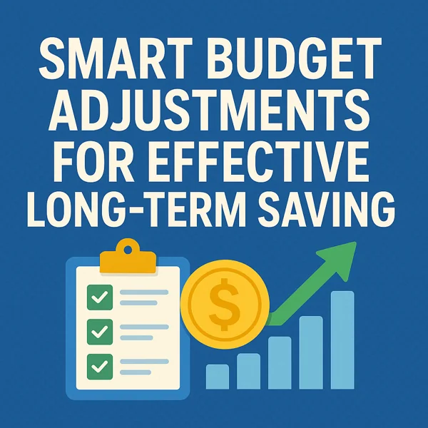 Illustration of a financial checklist, rising bar chart, dollar coin, and upward arrow representing smart budget adjustments and long-term savings.