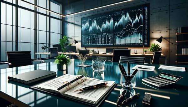 A sophisticated financial planning environment with high-tech screens, an open ledger, and subtle greenery, symbolizing advanced tax planning strategies.