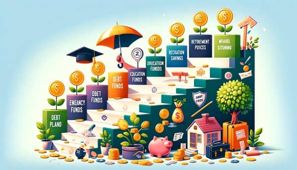 Digital illustration of ascending steps with financial goal icons like an umbrella, graduation cap, house, debt-free badge, nest egg, ledger, plant with coins, suitcase, and sealed document. Piggy banks, coins, and notes move towards a finish line.