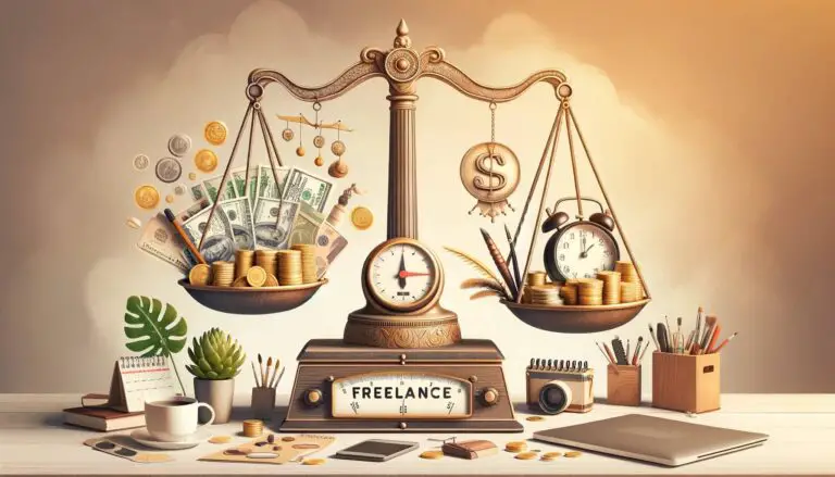 A wide image featuring an antique balance scale perfectly balanced, with one side holding money and the other side displaying freelance work tools like a laptop and camera, against a gradient background.