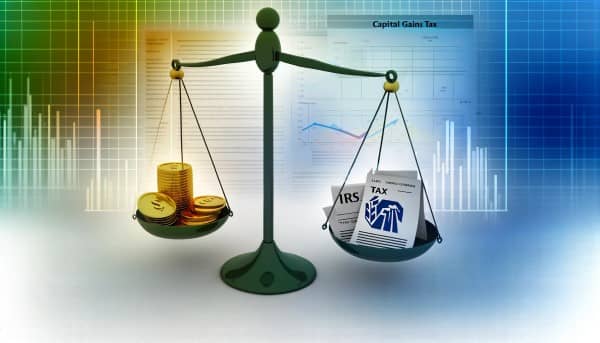 Illustration of a balance scale with coins and stock certificates on one side and tax forms on the other, symbolizing the relationship between investments and capital gains tax.