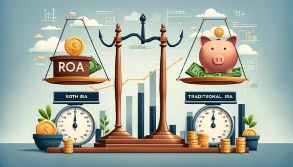 Illustration of a balance scale with Roth and Traditional IRA symbols on either side, a piggy bank symbolizing retirement savings, and financial growth charts in the background.