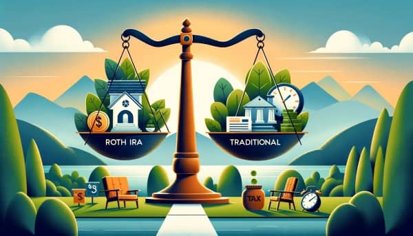Balanced scale with Roth and Traditional IRA symbols against a serene retirement backdrop.
