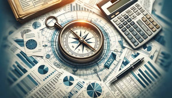 Compass on a backdrop of tax forms, calculators, and financial charts symbolizing navigational guidance for new entrepreneurs in tax planning.