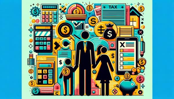 Illustration of a family silhouette with a calculator, tax forms, and savings symbols such as a piggy bank and coins, representing the concept of parents maximizing tax deductions and credits.