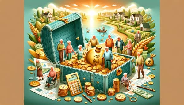 Illustration of a diverse group of retirees gathered around an open treasure chest filled with financial symbols like coins, gold bars, and tax documents, set against a backdrop suggesting a serene retirement lifestyle.