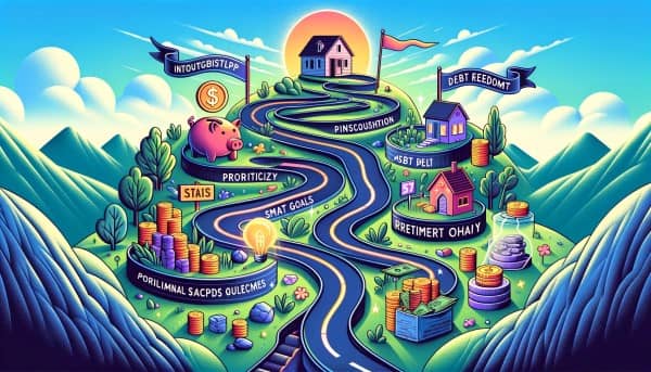 Illustration of a winding path through a vibrant landscape, marked with milestones like a piggy bank, ribbon, miniature house, and nest egg, symbolizing financial goals and achievements.
