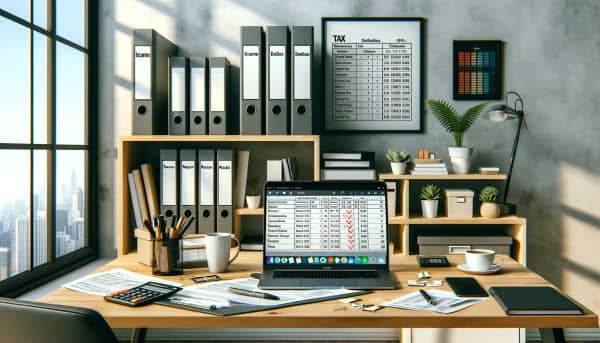 Modern home office setup for tax planning with laptop, folders, and tax deadlines