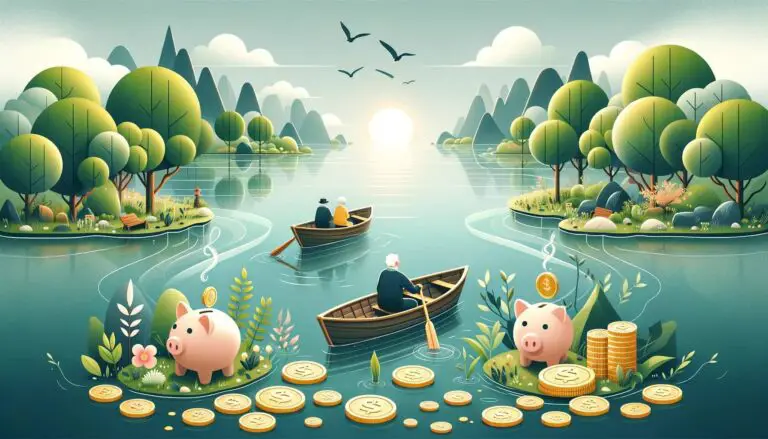 A serene retirement landscape with a rowboat on a calm lake, surrounded by lush greenery and subtle financial symbols, representing the journey of retirement tax planning.
