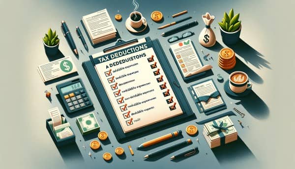 Infographic depicting deductible vs. non-deductible tax expenses with a checklist and crossed-out list, alongside tax forms and a calculator.