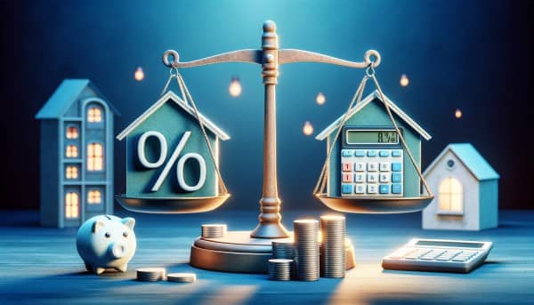 Illustration of a balanced scale with a percentage symbol and a calculator with coins, representing the comparison between mortgage interest rates and APRs against a backdrop of a stylized home.