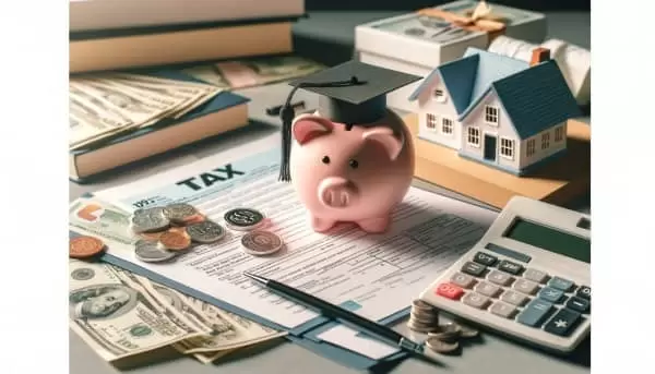 Strategic Tax Planning Elements - Tax forms, calculator, currency, piggy bank with graduation cap, house model, and donation box on a desk.