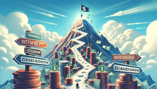 An illustrative depiction of a mountain made of coins and bills with a path leading to the summit, marked by budgeting strategy milestones, under a clear sky symbolizing financial liberation.