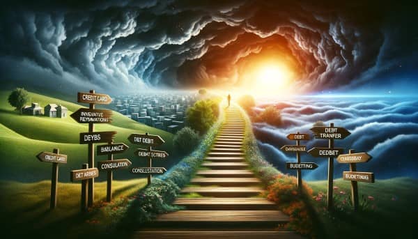 Illustration of a journey from a dark, stormy environment symbolizing credit card debt to a sunny horizon representing financial freedom, with signposts for debt repayment strategies along the path.