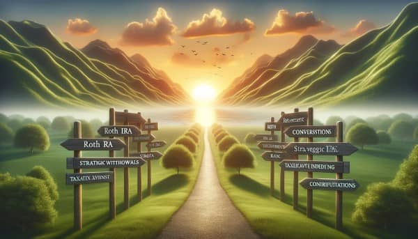 A serene landscape with a winding path leading to a sunset, flanked by signposts for 'Roth IRA Conversions', 'Strategic Withdrawals', 'Tax-Efficient Investing', and 'Charitable Contributions', symbolizing the journey to tax-efficient retirement planning.